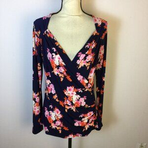 Tahari Blouse Wrap Top Sz L Womans Navy Blue Pink Floral Knit Long Sleeve Ruched